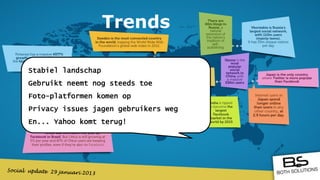 Trends

Stabiel landschap
Gebruikt neemt nog steeds toe
Foto-platformen komen op
Privacy issues jagen gebruikers weg
En... Yahoo komt terug!
 