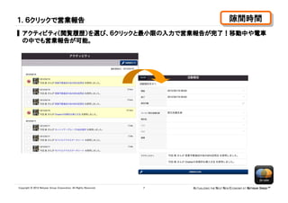 １. ６クリックで営業報告                                                                                 隙間時間
                                                                                              隙間時間
▌ アクティビティ（閲覧履歴）を選び、６クリックと最小限の入力で営業報告が完了！移動中や電車
  の中でも営業報告が可能。




Copyright © 2012 Netyear Group Corporation. All Rights Reserved.   7   ACTUALIZING THE NEXT NEW ECONOMY AT NETYEAR SPEED™
 