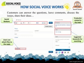 Customers can answer the questions, leave comments, discuss the
       issues, share their ideas…
                                                                  Product(s)
   Social
                                                                  related to
  Buttons                                                          the topic




                                                                  Suggested
  Users can                                                      keywords for
                                                                   searching
attach files to
  the reply




                                                           www.magestore.com
 