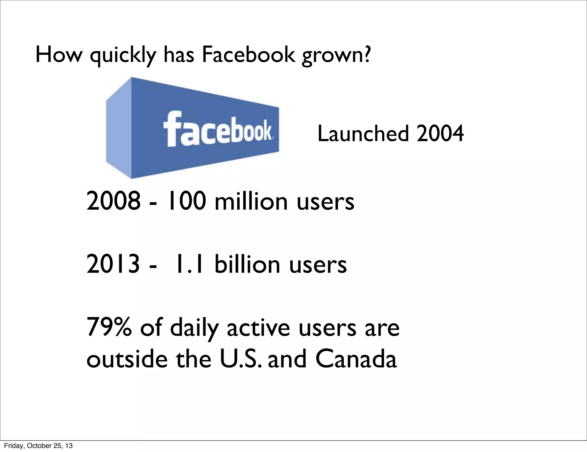 How quickly has Facebook grown?
Launched 2004

2008 - 100 million users
2013 - 1.1 billion users
79% of daily active users are
outside the U.S. and Canada

Friday, October 25, 13

 