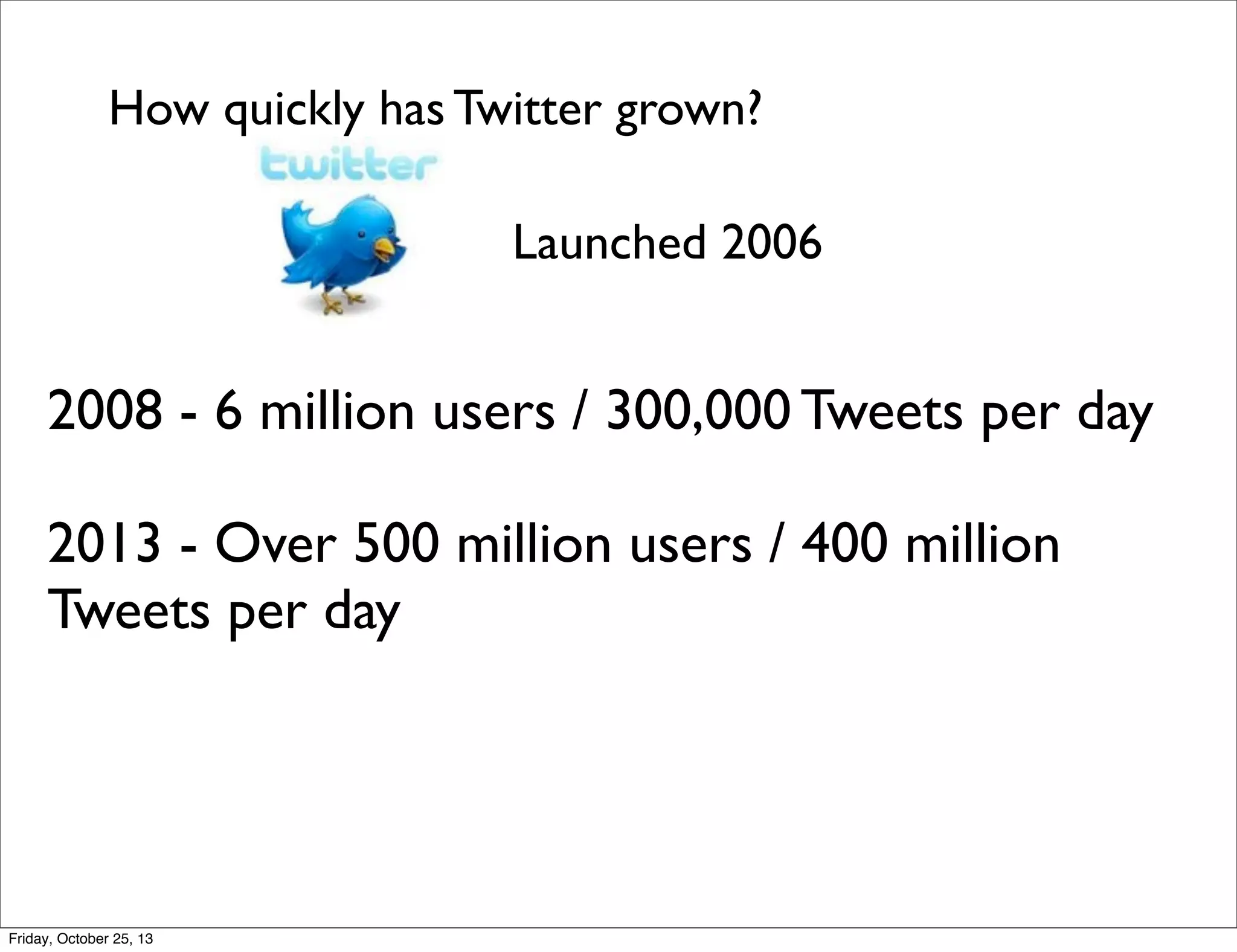 How quickly has Twitter grown?
Launched 2006

2008 - 6 million users / 300,000 Tweets per day
2013 - Over 500 million users / 400 million
Tweets per day

Friday, October 25, 13

 