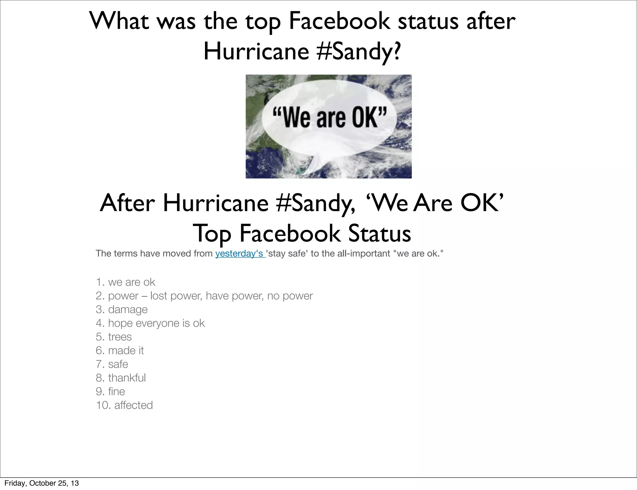 What was the top Facebook status after
Hurricane #Sandy?

After Hurricane #Sandy, ‘We Are OK’
Top Facebook Status
The terms have moved from yesterday's 'stay safe' to the all-important "we are ok."

1. we are ok
2. power – lost power, have power, no power
3. damage
4. hope everyone is ok
5. trees
6. made it
7. safe
8. thankful
9. ﬁne
10. affected

Friday, October 25, 13

 