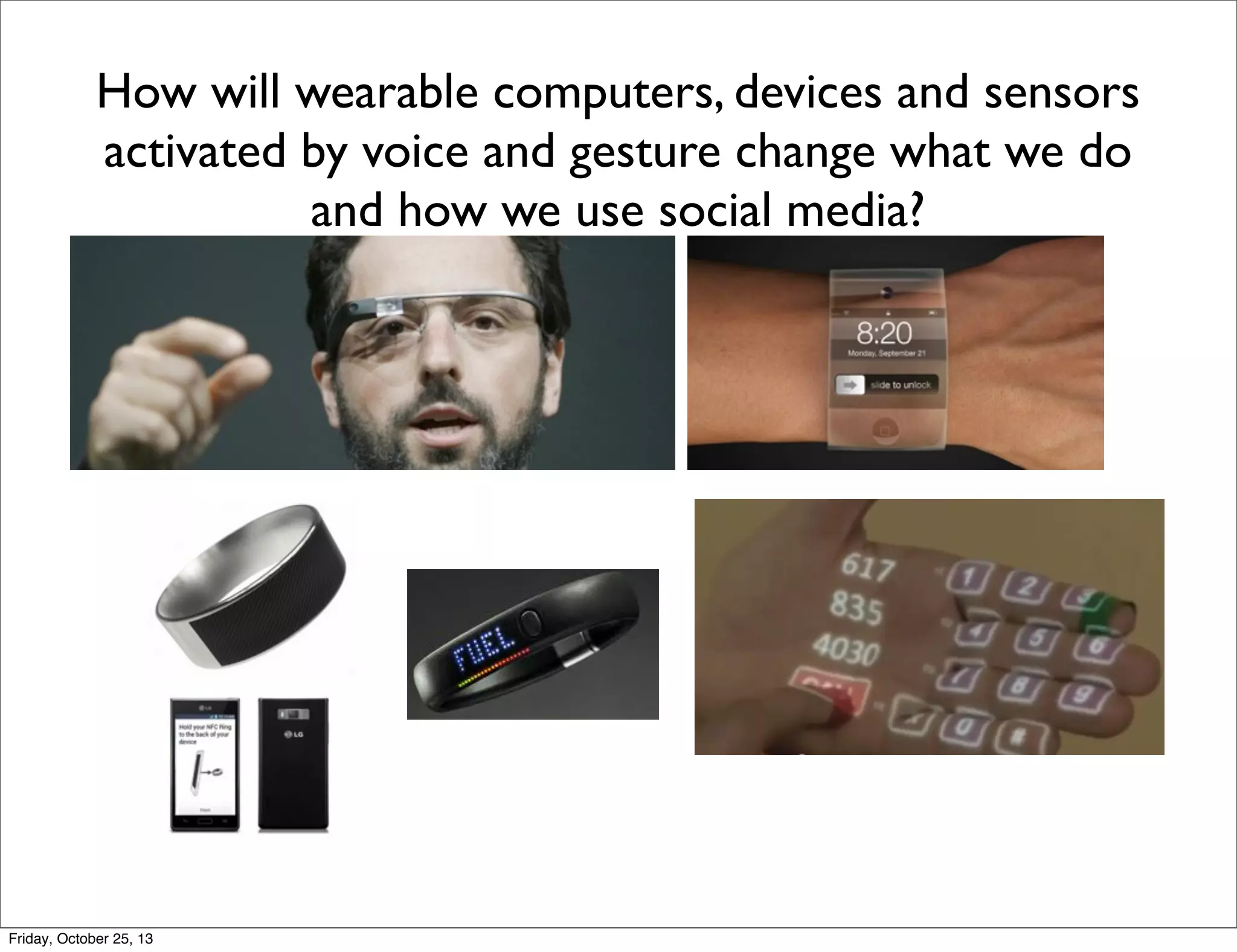 How will wearable computers, devices and sensors
activated by voice and gesture change what we do
and how we use social media?

Friday, October 25, 13

 