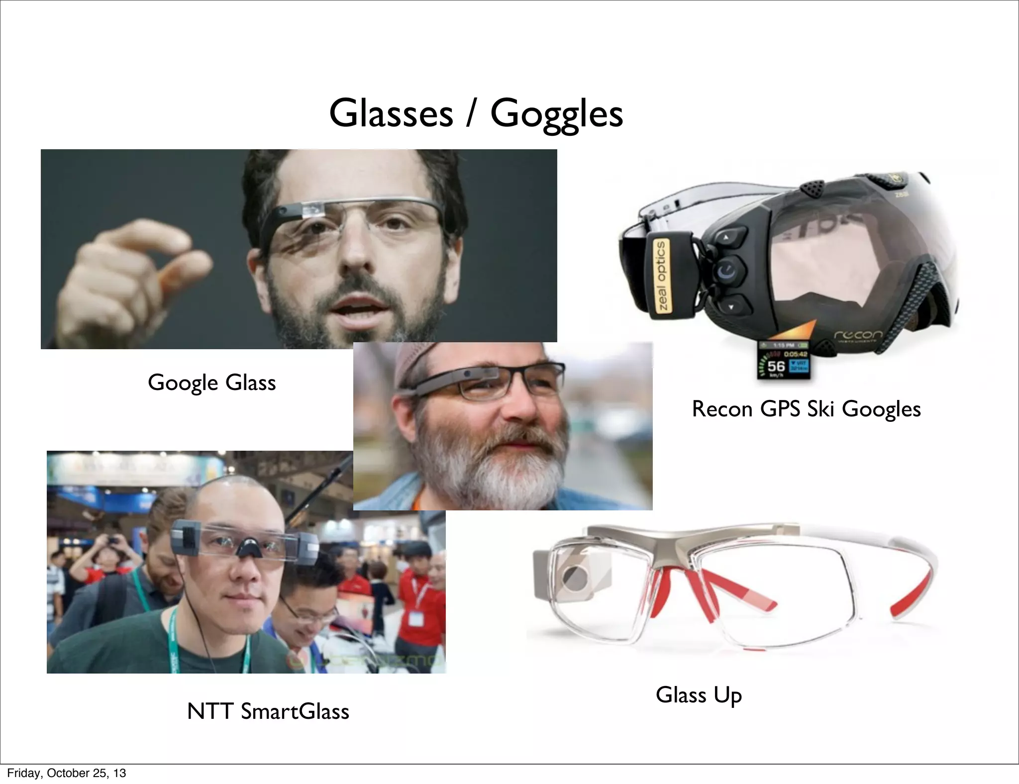 Glasses / Goggles

Google Glass

NTT SmartGlass
Friday, October 25, 13

Recon GPS Ski Googles

Glass Up

 