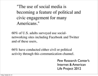 "The use of social media is
becoming a feature of political and
civic engagement for many
Americans."
60% of U.S. adults surveyed use socialnetworking sites including Facebook and Twitter
and of these users,
66% have conducted either civil or political
activity through this communication channel.
Pew Research Center’s
Internet & American
Life Project 2012
Friday, October 25, 13

 