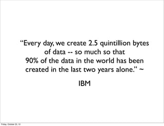 “Every day, we create 2.5 quintillion bytes
of data -- so much so that
90% of the data in the world has been
created in the last two years alone.” ~
IBM

Friday, October 25, 13

 