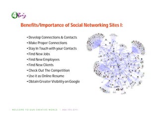 Benefits/Importance of Social Networking Sites I:

  • Develop Connections & Contacts
  • Make Proper Connections
  • Stay In Touch with your Contacts
  • Find New Jobs
  • Find New Employees
  • Find New Clients
  • Check Out The Competition
  • Use it as Online Resume
  • Obtain Greater Visibility on Google
 