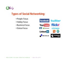 Types of Social Networking:
   • People Focus
   • Hobby Focus
   • Business Focus
   • Status Focus
 