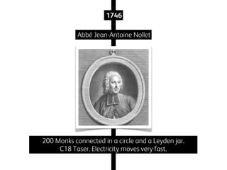 1746
Abbé Jean-Antoine Nollet

200 Monks connected in a circle and a Leyden jar.
C18 Taser. Electricity moves very fast.

 