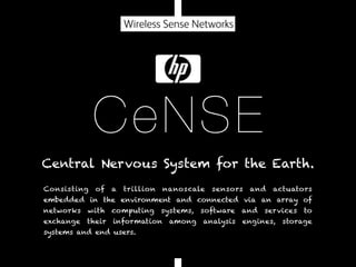 Wireless Sense Networks

C eNSE
Central Nervous System for the Earth.
Consisting

of

a

trillion

nanoscale

sensors

and

actuators

embedded in the environment and connected via an array of
networks

with

computing

exchange

their

information

systems and end users.

systems,
among

software
analysis

and

services

engines,

to

storage

 