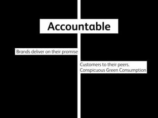 Accountable
Brands deliver on their promise
Customers to their peers.
Conspicuous Green Consumption

 
