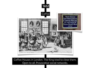 1652
Coffee

Coffee Houses in London. The King tried to close them.
Open to all. Provocative social networks.

 