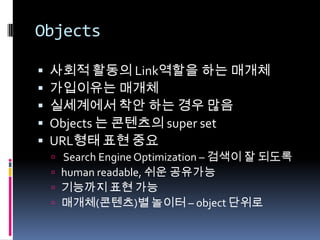 Objects사회적 활동의 Link역할을 하는 매개체가입이유는 매개체실세계에서 착안 하는 경우 많음Objects 는 콘텐츠의 super setURL형태 표현 중요 Search Engine Optimization – 검색이 잘 되도록human readable, 쉬운 공유가능기능까지 표현 가능 매개체(콘텐츠)별 놀이터 – object 단위로