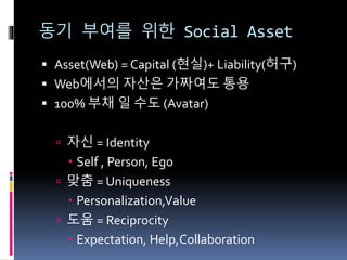 동기 부여를 위한 Social Asset
 Asset(Web) = Capital (현실)+ Liability(허구)
 Web에서의 자산은 가짜여도 통용
 100% 부채 일 수도 (Avatar)
 자신 = Identity
 Self , Person, Ego
 맞춤 = Uniqueness
 Personalization,Value
 도움 = Reciprocity
 Expectation, Help,Collaboration
 