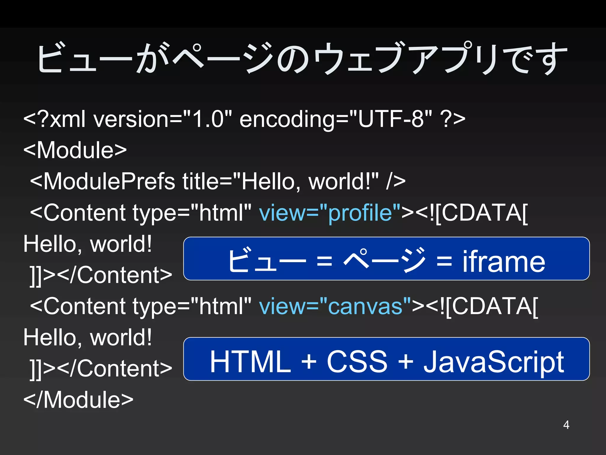 ビューがページのウェブアプリです 
<?xml version="1.0" encoding="UTF­8" ?> 
<Module> 
<ModulePrefs title="Hello, world!" /> 
<Content type="html" view="profile"><![CDATA[ 
Hello, world! 
]]></Content>      ビュー = ページ = iframe
<Content type="html" view="canvas"><![CDATA[ 
Hello, world! 
]]></Content>  HTML + CSS + JavaScript 
</Module> 
                                             4 
 