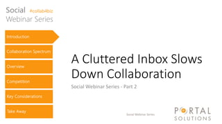 Social #collab4biz
Webinar Series
Introduction

Collaboration Spectrum
Overview
Competition

A Cluttered Inbox Slows
Down Collaboration
Social Webinar Series - Part 2

Key Considerations
Take Away

Social Webinar Series

 