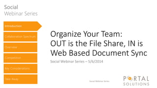 Social Webinar Series
Organize Your Team:
OUT is the File Share, IN is
Web Based Document Sync
Social Webinar Series – 5/6/2014
Social
Webinar Series
Introduction
Collaboration Spectrum
Overview
Competition
Key Considerations
Take Away
 