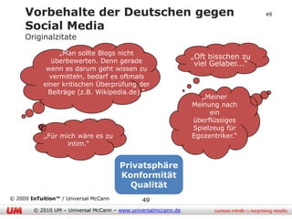 Vorbehalte der Deutschen gegen                                                     49

     Social Media
     Originalzitate

                 „Man sollte Blogs nicht
                                                                „Oft bisschen zu
              überbewerten. Denn gerade                          viel Gelaber...“
             wenn es darum geht wissen zu
              vermitteln, bedarf es oftmals
            einer kritischen Überprüfung der
             Beiträge (z.B. Wikipedia.de).“
                                                                   „Meiner
                                                                Meinung nach
                                                                     ein
                                                                überflüssiges
                                                                Spielzeug für
            „Für mich wäre es zu                                Egozentriker.“
                                                                         „Sind super
                   intim.“
                                                                         informativ.“

                                       Privatsphäre
                                       Konformität
                                         Qualität
© 2009 InTuition™ / Universal McCann           49
        © 2010 UM – Universal McCann – www.universalmccann.de
 