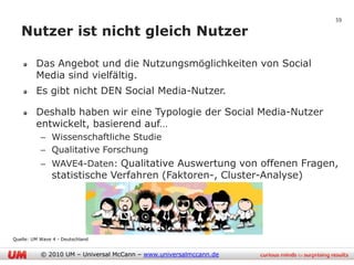 59

   Nutzer ist nicht gleich Nutzer

         Das Angebot und die Nutzungsmöglichkeiten von Social
         Media sind vielfältig.
         Es gibt nicht DEN Social Media-Nutzer.

         Deshalb haben wir eine Typologie der Social Media-Nutzer
         entwickelt, basierend auf…
           – Wissenschaftliche Studie
           – Qualitative Forschung
           – WAVE4-Daten: Qualitative Auswertung von offenen Fragen,
               statistische Verfahren (Faktoren-, Cluster-Analyse)




Quelle: UM Wave 4 - Deutschland


           © 2010 UM – Universal McCann – www.universalmccann.de
 