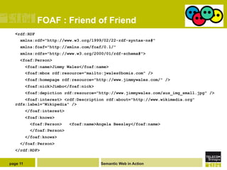 FOAF : Friend of Friend
  <rdf:RDF
     xmlns:rdf="http://www.w3.org/1999/02/22-rdf-syntax-ns#"
     xmlns:foaf="http://xmlns.com/foaf/0.1/"
     xmlns:rdfs="http://www.w3.org/2000/01/rdf-schema#">
     <foaf:Person>
          <foaf:name>Jimmy Wales</foaf:name>
          <foaf:mbox rdf:resource="mailto:jwales@bomis.com" />
          <foaf:homepage rdf:resource="http://www.jimmywales.com/" />
          <foaf:nick>Jimbo</foaf:nick>
          <foaf:depiction rdf:resource="http://www.jimmywales.com/aus_img_small.jpg" />
      <foaf:interest> <rdf:Description rdf:about="http://www.wikimedia.org"
  rdfs:label="Wikipedia" />
          </foaf:interest>
          <foaf:knows>
            <foaf:Person>    <foaf:name>Angela Beesley</foaf:name>
            </foaf:Person>
          </foaf:knows>
     </foaf:Person>
  </rdf:RDF>


page 11                                  Semantic Web in Action
 