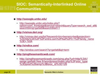 SIOC: Semantically-Interlinked Online
                Communities

          ¢    http://swoogle.umbc.edu/
                •  http://swoogle.umbc.edu/index.php?
                   option=com_frontpage&service=search&queryType=search_swd_all&
                   searchString=garlatti&searchStart=1
          ¢    http://visinav.deri.org/
                •  http://visinav.deri.org/list?keyword=tim+berners+lee&projection=
                   %3Chttp%3A%2F%2Fxmlns.com%2Ffoaf%2F0.1%2Ffamily_name
                   %3E+.%0A
          ¢    http://sindice.com/
                •  http://sindice.com/search?q=garlatti&qt=term
          ¢    http://pingthesemanticweb.com/
                •  http://pingthesemanticweb.com/ping.php?url=http%3A//
                   serge.garlatti.free.fr/wordpress/index.php%3Fsioc_type
                   %3Dpost%26amp%3Bsioc_id%3D126

page 29                                    Semantic Web in Action
 