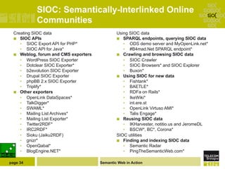 SIOC: Semantically-Interlinked Online
            Communities
  Creating SIOC data                            Using SIOC data
  ¢  SIOC APIs                                 ¢  SPARQL endpoints, querying SIOC data
      •  SIOC Export API for PHP*                   •  ODS demo server and MyOpenLink.net*
      •  SIOC API for Java*                         •  #B4mad.Net SPARQL endpoint*
  ¢  Weblog, forum and CMS exporters           ¢  Crawling and browsing SIOC data
      •  WordPress SIOC Exporter                    •  SIOC Crawler
      •  Dotclear SIOC Exporter*                    •  SIOC Browsers* and SIOC Explorer
      •  b2evolution SIOC Exporter                  •  Buxon*
      •  Drupal SIOC Exporter                   ¢  Using SIOC for new data
      •  phpBB 2.x SIOC Exporter                    •  Fishtank*
      •  Triplify*                                  •  BAETLE*
  ¢  Other exporters                               •  RDFa on Rails*
      •  OpenLink DataSpaces*                       •  IkeWiki*
      •  TalkDigger*                                •  int.ere.st
      •  SWAML*                                     •  OpenLink Virtuso AMI*
      •  Mailing List Archives*                     •  Talis Engage*
      •  Mailing List Exporter*                 ¢  Reusing SIOC data
      •  Twitter2RDF*                               •  IKHarvester, notitio.us and JeromeDL
      •  IRC2RDF*                                   •  BSCW*, BC*, Corona*
      •  Sioku (Jaiku2RDF)                      SIOC utilities
      •  gnizr*                                 ¢  Finding and indexing SIOC data
      •  OpenQabal*                                 •  Semantic Radar
      •  BlogEngine.NET*                            •  PingTheSemanticWeb.com*

page 34                                 Semantic Web in Action
 