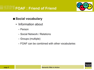 FOAF : Friend of Friend

         ¢  Social   vocabulary
           •  Information about
             -  Person
             -  Social Network / Relations
             -  Groups (multiple)
             -  FOAF can be combined with other vocabularies




page 8                              Semantic Web in Action
 
