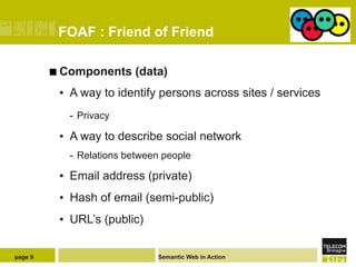 FOAF : Friend of Friend

         ¢  Components   (data)
          •  A way to identify persons across sites / services
            -  Privacy

          •  A way to describe social network
            -  Relations between people

          •  Email address (private)
          •  Hash of email (semi-public)
          •  URL’s (public)


page 9                         Semantic Web in Action
 