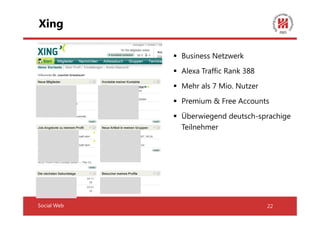 Xing

             Business Netzwerk
             Alexa Traffic Rank 388
             Mehr als 7 Mio. Nutzer
             Premium & Free Accounts
             Überwiegend deutsch-sprachige
             Teilnehmer




Social Web                            22
 