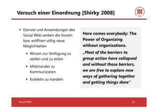 Versuch einer Einordnung [Shirky 2008]


   Dienste und Anwendungen des
   Social Web senken die Kosten   Here comes everybody: The
   bzw. eröffnen völlig neue      Power of Organizing
   Möglichkeiten                  without organizations.
        Wissen zur Verfügung zu   „Most of the barriers to
        stellen und zu teilen     group action have collapsed
        Miteinander zu
                                  and without those barriers,
        Kommunizieren             we are free to explore new
                                  ways of gathering together
        Kollektiv zu handeln
                                  and getting things done”



Social Web                                                25
 