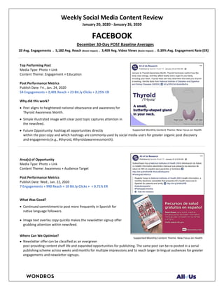 Weekly Social Media Content Review
January 20, 2020 - January 26, 2020
FACEBOOK
December 30-Day POST Baseline Averages
20 Avg. Engagements . 5,182 Avg. Reach (Boost Impact) . 3,409 Avg. Video Views (Boost Impact) . 0.39% Avg. Engagement Rate (ER)
Top Performing Post
Media Type: Photo + Link
Content Theme: Engagement + Education
Post Performance Metrics
Publish Date: Fri., Jan. 24, 2020
54 Engagements + 2,401 Reach + 23 Bit.ly Clicks + 2.25% ER
Why did this work?
• Post aligns to heightened national observance and awareness for
Thyroid Awareness Month.
• Simple illustrated image with clear post topic captures attention in
the newsfeed.
• Future Opportunity: hashtag all opportunities directly
within the post copy and which hashtags are commonly used by social media users for greater organic post discovery
and engagements (e.g., #thyroid, #thyroidawarenessmonth).
Area(s) of Opportunity
Media Type: Photo + Link
Content Theme: Awareness + Audience Target
Post Performance Metrics
Publish Date: Wed., Jan. 22, 2020
7 Engagements + 990 Reach + 10 Bit.ly Clicks + + 0.71% ER
What Was Good?
• Continued commitment to post more frequently in Spanish for
native language followers.
• Image text overlay copy quickly makes the newsletter signup offer
grabbing attention within newsfeed.
Where Can We Optimize?
• Newsletter offer can be classified as an evergreen
post providing content shelf life and expanded opportunities for publishing. The same post can be re-posted in a serial
publishing scheme across weeks and months for multiple impressions and to reach larger bi-lingual audiences for greater
engagements and newsletter signups.
Supported Monthly Content Theme: New Focus on Health
Supported Monthly Content Theme: New Focus on Health
 