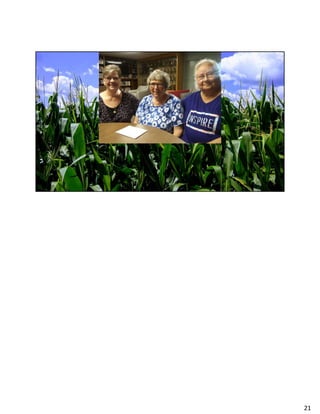 Meservey, Iowa is quite a bit bigger than Helvetia with a long standing history of mutualism. One of the social markers a resident
pointed to was attendance at funerals. As a community, folks in Meservey grieve together. That cultural norm shows up in action
when there is an accident. In a different story, a resident shared that when her husband was injured in a tractor accident, neighbors
throughout the region showed up to harvest for the family. The community is its own insurance, its own structure of care and
security.
21
 