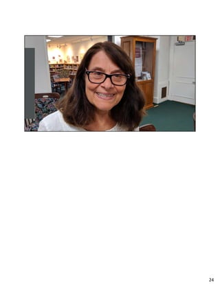 In addition to the infrastructural support for resource access and decision-making power, the library director actively engages in
building the continuous path of belonging to self-determination. She engages every newcomer (and every new baby – see the
Marshfield case study), not only with info on the library, but by asking about them. She sees each community resident as a
resource to the life of the community and investigates those resources for their unique qualities. She invites contribution in person
specific ways, connects them to others with intention, and broadcasts their expression in public forum – art shows, poetry
readings, performances, movie nights, lectures, roundtable discussions, and civic dialogues.
24
 