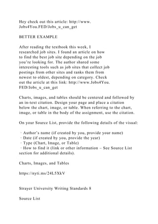 Hey check out this article: http://www.
Jobs4You.FED/Jobs_u_can_get
BETTER EXAMPLE
After reading the textbook this week, I
researched job sites. I found an article on how
to find the best job site depending on the job
you’re looking for. The author shared some
interesting tools such as job sites that collect job
postings from other sites and ranks them from
newest to oldest, depending on category. Check
out the article at this link: http://www.Jobs4You.
FED/Jobs_u_can_get
Charts, images, and tables should be centered and followed by
an in-text citation. Design your page and place a citation
below the chart, image, or table. When referring to the chart,
image, or table in the body of the assignment, use the citation.
On your Source List, provide the following details of the visual:
· Author’s name (if created by you, provide your name)
· Date (if created by you, provide the year)
· Type (Chart, Image, or Table)
· How to find it (link or other information – See Source List
section for additional details).
Charts, Images, and Tables
https://nyti.ms/24L5XkV
Strayer University Writing Standards 8
Source List
 