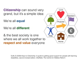 Citizenship can sound very
grand, but it’s a simple idea:
We’re all equal
We’re all different
& the best society is one  
where we all work together to
respect and value everyone
Duffy S (2006) Keys to Citizenship: A guide to getting good support for people with learning
disabilities, second revised edition. Shefﬁeld, The Centre for Welfare Reform
 