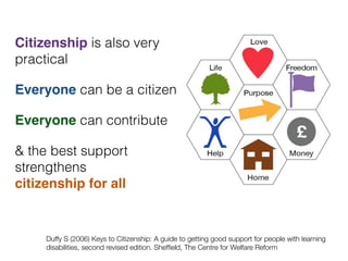 Citizenship is also very
practical
Everyone can be a citizen
Everyone can contribute
& the best support
strengthens  
citizenship for all
Duffy S (2006) Keys to Citizenship: A guide to getting good support for people with learning
disabilities, second revised edition. Shefﬁeld, The Centre for Welfare Reform
 