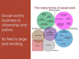Social work’s
business is
citizenship and
justice.
Its ﬁeld is large
and exciting.
 