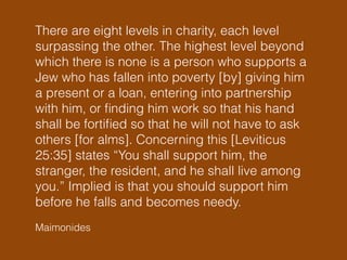 Maimonides
There are eight levels in charity, each level
surpassing the other. The highest level beyond
which there is none is a person who supports a
Jew who has fallen into poverty [by] giving him
a present or a loan, entering into partnership
with him, or ﬁnding him work so that his hand
shall be fortiﬁed so that he will not have to ask
others [for alms]. Concerning this [Leviticus
25:35] states “You shall support him, the
stranger, the resident, and he shall live among
you.” Implied is that you should support him
before he falls and becomes needy.
 