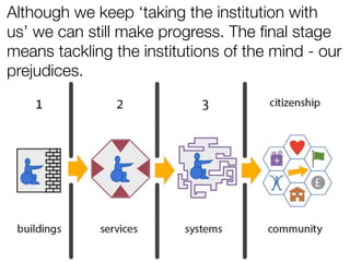 Although we keep ‘taking the institution with
us’ we can still make progress. The ﬁnal stage
means tackling the institutions of the mind - our
prejudices.
 