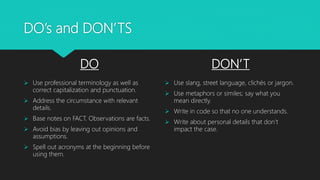 DO’s and DON’TS
DO
 Use professional terminology as well as
correct capitalization and punctuation.
 Address the circumstance with relevant
details.
 Base notes on FACT. Observations are facts.
 Avoid bias by leaving out opinions and
assumptions.
 Spell out acronyms at the beginning before
using them.
DON’T
 Use slang, street language, clichés or jargon.
 Use metaphors or similes; say what you
mean directly.
 Write in code so that no one understands.
 Write about personal details that don’t
impact the case.
 