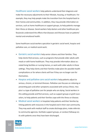 10
www.Hub.CareersFree Career Events!
Healthcare social workers help patients understand their diagnosis and
make the necessary adjustments to their lifestyle, housing, or healthcare. For
example, they may help people make the transition from the hospital back to
their homes and communities. In addition, they may provide information on
services, such as home healthcare or support groups, to help patients manage
their illness or disease. Social workers help doctors and other healthcare pro-
fessionals understand the effects that diseases and illnesses have on patients’
mental and emotional health.
Some healthcare social workers specialize in geriatric social work, hospice and
palliative care, or medical social work:
•	 Geriatric social workers help senior citizens and their families. They
help clients find services, such as programs that provide older adults with
meals or with home healthcare. They may provide information about as-
sisted living facilities or nursing homes, or work with older adults in those
settings. They help clients and their families make plans for possible health
complications or for where clients will live if they can no longer care for
themselves.
•	 Hospice and palliative care social workers help patients adjust to
serious, chronic, or terminal illnesses. Palliative care focuses on relieving or
preventing pain and other symptoms associated with serious illness. Hos-
pice is a type of palliative care for people who are dying. Social workers in
this setting provide and find services, such as support groups or grief coun-
selors, to help patients and their families cope with the illness or disease.
•	 Medical social workers in hospitals help patients and their families by
linking patients with resources in the hospital and in their own community.
They may work with medical staff to create discharge plans, make referrals
to community agencies, facilitate support groups, or conduct followup vis-
its with patients once they have been discharged.
 