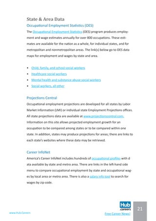 21
www.Hub.Careers Free Career News!
State & Area Data
Occupational Employment Statistics (OES)
The Occupational Employment Statistics (OES) program produces employ-
ment and wage estimates annually for over 800 occupations. These esti-
mates are available for the nation as a whole, for individual states, and for
metropolitan and nonmetropolitan areas. The link(s) below go to OES data
maps for employment and wages by state and area.
			
•	 Child, family, and school social workers
•	 Healthcare social workers
•	 Mental health and substance abuse social workers
•	 Social workers, all other
Projections Central
Occupational employment projections are developed for all states by Labor
Market Information (LMI) or individual state Employment Projections offices.
All state projections data are available at www.projectionscentral.com.
Information on this site allows projected employment growth for an
occupation to be compared among states or to be compared within one
state. In addition, states may produce projections for areas; there are links to
each state’s websites where these data may be retrieved.
Career InfoNet
America’s Career InfoNet includes hundreds of occupational profiles with d
ata available by state and metro area. There are links in the left-hand side
menu to compare occupational employment by state and occupational wag-
es by local area or metro area. There is also a salary info tool to search for
wages by zip code.
 
