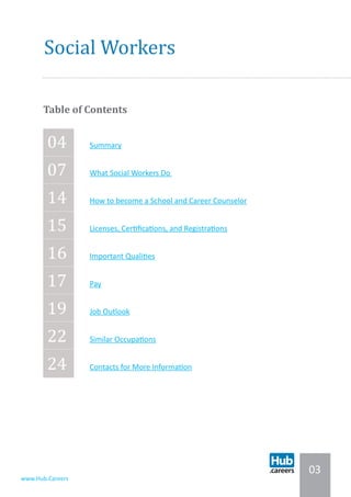 03
www.Hub.Careers
Social Workers
Table of Contents
04 	 Summary	
07 	 What Social Workers Do
14 	 How to become a School and Career Counselor
15 	 Licenses, Certifications, and Registrations
16 	 Important Qualities
17 	 Pay
19 	 Job Outlook
22 	 Similar Occupations
24 	 Contacts for More Information
 