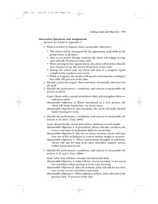 Discussion Questions and Assignments
Answers are found in appendix C.
1. What is needed to improve these measurable objectives?
• The clients will be monitored by the appropriate staff while at the
group home at all times.
• After ten to twelve therapy sessions, the client will engage in neg-
ative self-talk 10 percent of the time.
• When arriving for her appointment, the client will wait less than fif-
teen minutes to see the doctor 90 percent of the time.
• During the school year, my client will turn in a progress report
completed by teachers every week.
• While at X agency, the mother will spend nurturing time reading to
her child 100 percent of the time.
2. Identify a policy-level goal. Then craft three measurable objectives for
the goal.
3. Identify the performance, conditions, and criteria in measurable ob-
jectives A and B:
Goal: Clients with a mental retardation label will strengthen their so-
cialization skills.
Measurable Objective A: When introduced to a new person, the
client will shake hands nine out of ten times.
Measurable Objective B: After breakfast, the client will make his bed
before leaving for work.
4. Identify the performance, conditions, and criteria in measurable ob-
jectives A, B, and C (Guy, 2006):
Goal: Mental health clients will achieve optimum mental health.
Measurable Objective A: If prescribed, clients will take (swallow) the
correct amounts of medication daily for six months.
Measurable Objective B: After ten to twelve sessions, clients will state
four out of five techniques to control anxiety taught in sessions.
Measurable Objective C: When experiencing thoughts of self-harm,
clients will ask for help from their identified support system
within twenty-four hours.
5. Identify the performance, conditions, and criteria in measurable ob-
jectives A, B, and C (Guy, 2006):
Goal: John Doe will have stronger interpersonal skills.
Measurable Objective A: John will say, “Good morning” to six out of
ten coworkers when arriving at work each morning.
Measurable Objective B: After six sessions, John will talk for ten min-
utes to one or two coworkers each week.
Measurable Objective C: When talking to others, John will look at the
person’s face 75 percent of the time.
Crafting Goals and Objectives 155
Part III 7/31/08 6:59 AM Page 155
 