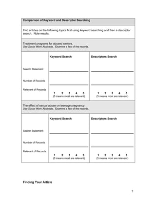 Comparison of Keyword and Descriptor Searching


Find articles on the following topics first using keyword searching and then a descriptor
search. Note results.


Treatment programs for abused seniors.
Use Social Work Abstracts. Examine a few of the records.


                      Keyword Search                       Descriptors Search



Search Statement



Number of Records


Relevant of Records
                          1     2     3     4     5            1    2     3     4     5
                         (5 means most are relevant)          (5 means most are relevant)


The effect of sexual abuse on teenage pregnancy.
Use Social Work Abstracts. Examine a few of the records.


                      Keyword Search                       Descriptors Search



Search Statement



Number of Records


Relevant of Records
                          1     2     3     4     5            1    2     3     4     5
                         (5 means most are relevant)          (5 means most are relevant)




Finding Your Article

                                                                                            7
 