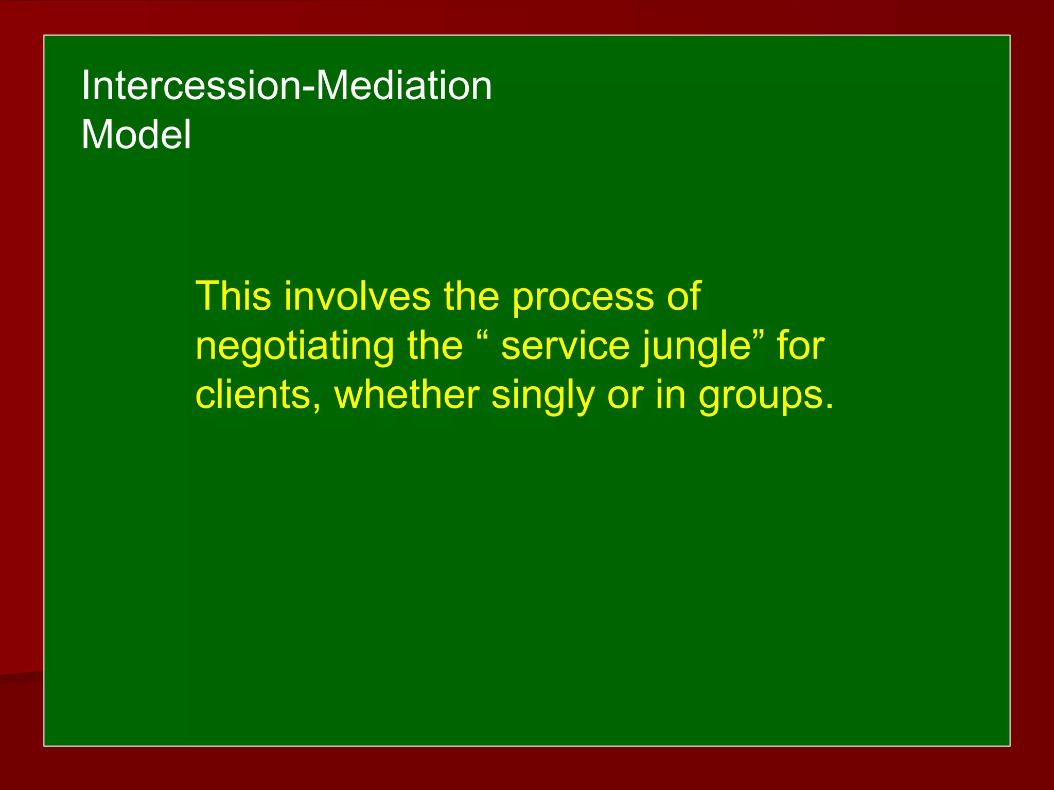 This involves the process of
negotiating the “ service jungle” for
clients, whether singly or in groups.
Intercession-Mediation
Model
 