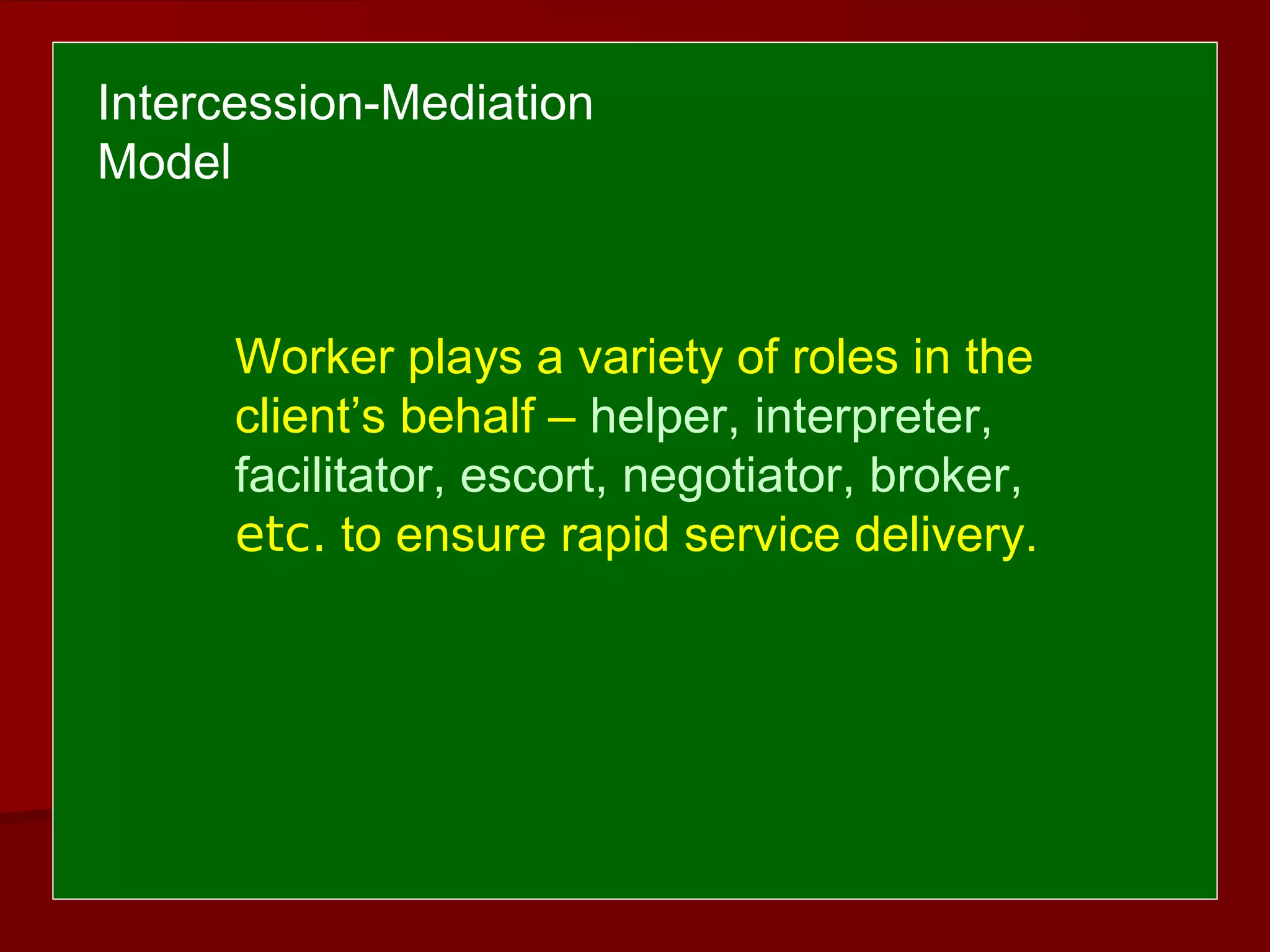 Worker plays a variety of roles in the
client’s behalf – helper, interpreter,
facilitator, escort, negotiator, broker,
etc. to ensure rapid service delivery.
Intercession-Mediation
Model
 