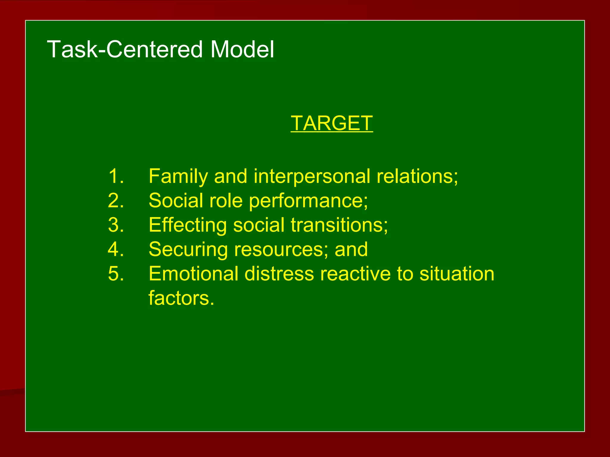 TARGET
1. Family and interpersonal relations;
2. Social role performance;
3. Effecting social transitions;
4. Securing resources; and
5. Emotional distress reactive to situation
factors.
Task-Centered Model
 