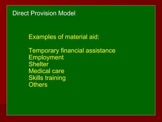 Examples of material aid:
Temporary financial assistance
Employment
Shelter
Medical care
Skills training
Others
Direct Provision Model
 