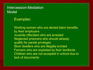 Examples:
Working women who are denied labor benefits
by their employers
Juvenile offenders who are arrested
Neglected prisoners who should already
qualify for parole privileges
Slum dwellers who are illegally evicted
Farmers who are exploited by their landlords
Children who are not accepted in school due to
lack of documents
Intercession-Mediation
Model
 